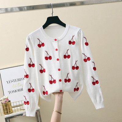 Πλεκτό πουλόβερ Κορεατικής μόδας Ζακέτα Feminino Γλυκό κέντημα κεράσι Ζακέτες Κοντές μακρυμάνικο μπουφάν Casaco Feminino
