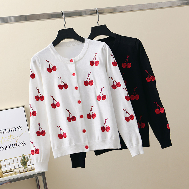 Πλεκτό πουλόβερ Κορεατικής μόδας Ζακέτα Feminino Γλυκό κέντημα κεράσι Ζακέτες Κοντές μακρυμάνικο μπουφάν Casaco Feminino