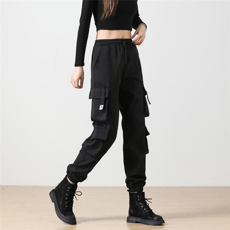 Ανοιξιάτικα καλοκαιρινά γυναικεία ρούχα Παντελόνια Cargo με πολλές τσέπες για κορίτσια Streetwear Φαρδιά casual ελαστική μέση μαύρο παντελόνι για γυναικεία παντελόνια