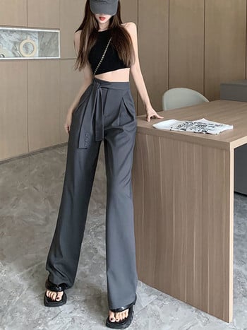 Φαρδύ casual κοστούμι ψηλόμεσο παντελόνι Κορεατικής μόδας Γραφείο με φαρδύ πόδι Pantalones Vintage Νέα γυναικεία ίσια φούτερ με κορδόνια