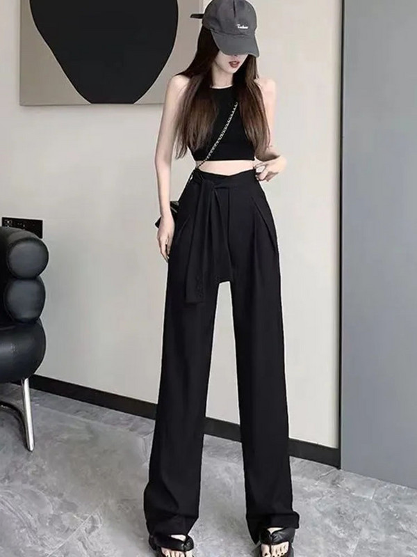 Φαρδύ casual κοστούμι ψηλόμεσο παντελόνι Κορεατικής μόδας Γραφείο με φαρδύ πόδι Pantalones Vintage Νέα γυναικεία ίσια φούτερ με κορδόνια