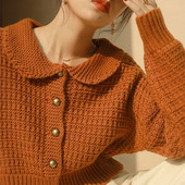 Φθινοπωρινό πορτοκαλί τοπ πουλόβερ Peter Pan με γιακά με κουμπί επάνω Φαρδύ κορεάτικο πλεκτό παλτό πουλόβερ ζακέτα φθινόπωρο, χειμώνας 2021