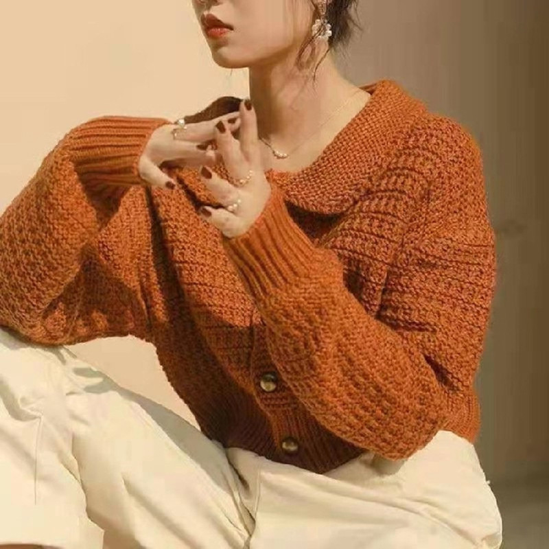Φθινοπωρινό πορτοκαλί τοπ πουλόβερ Peter Pan με γιακά με κουμπί επάνω Φαρδύ κορεάτικο πλεκτό παλτό πουλόβερ ζακέτα φθινόπωρο, χειμώνας 2021