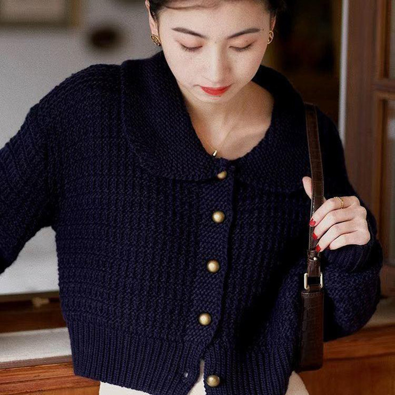 Φθινοπωρινό πορτοκαλί τοπ πουλόβερ Peter Pan με γιακά με κουμπί επάνω Φαρδύ κορεάτικο πλεκτό παλτό πουλόβερ ζακέτα φθινόπωρο, χειμώνας 2021