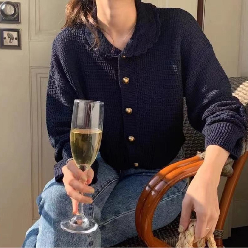 Φθινοπωρινό πορτοκαλί τοπ πουλόβερ Peter Pan με γιακά με κουμπί επάνω Φαρδύ κορεάτικο πλεκτό παλτό πουλόβερ ζακέτα φθινόπωρο, χειμώνας 2021