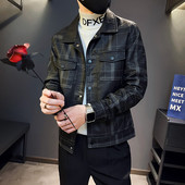 Muška motociklistička kožna jakna velikog džepa, crni rever, uski kroj, muški proljetni i jesenski karirani visokokvalitetni PU kaput S-3XL