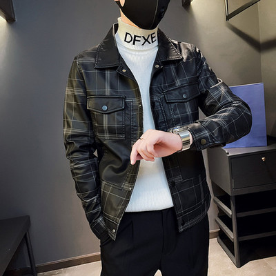 Muška motociklistička kožna jakna velikog džepa, crni rever, uski kroj, muški proljetni i jesenski karirani visokokvalitetni PU kaput S-3XL