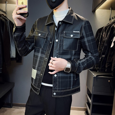 Muška motociklistička kožna jakna velikog džepa, crni rever, uski kroj, muški proljetni i jesenski karirani visokokvalitetni PU kaput S-3XL