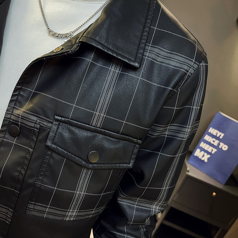 Muška motociklistička kožna jakna velikog džepa, crni rever, uski kroj, muški proljetni i jesenski karirani visokokvalitetni PU kaput S-3XL