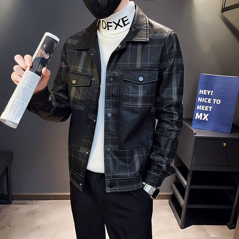 Muška motociklistička kožna jakna velikog džepa, crni rever, uski kroj, muški proljetni i jesenski karirani visokokvalitetni PU kaput S-3XL