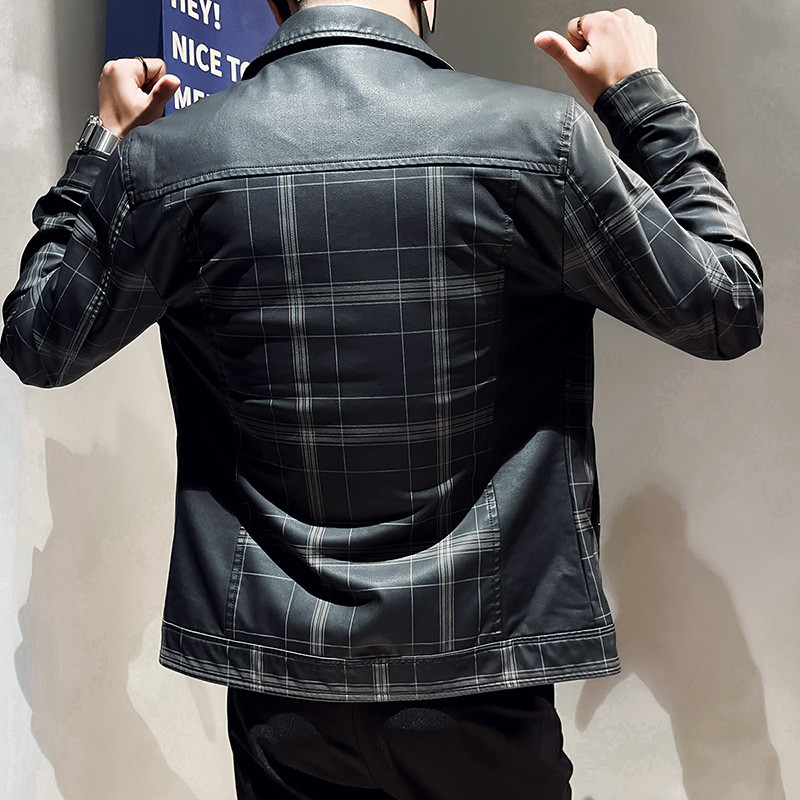 Muška motociklistička kožna jakna velikog džepa, crni rever, uski kroj, muški proljetni i jesenski karirani visokokvalitetni PU kaput S-3XL