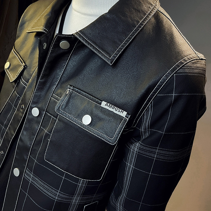 Muška motociklistička kožna jakna velikog džepa, crni rever, uski kroj, muški proljetni i jesenski karirani visokokvalitetni PU kaput S-3XL