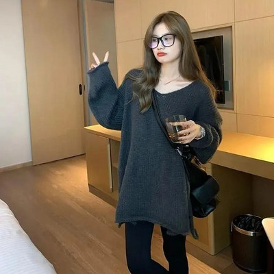 WTEMPO Vintage lahtine valge roosa kampsun naiste kevadsügis Korea pikkade varrukatega V-kaelusega kootud pulloverid, uus soliidne vabaaja kudum