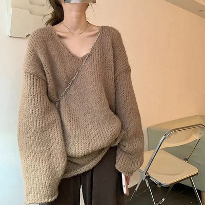 WTEMPO Vintage lahtine valge roosa kampsun naiste kevadsügis Korea pikkade varrukatega V-kaelusega kootud pulloverid, uus soliidne vabaaja kudum