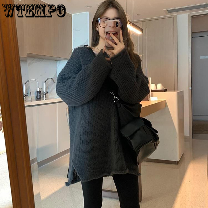 WTEMPO Vintage lahtine valge roosa kampsun naiste kevadsügis Korea pikkade varrukatega V-kaelusega kootud pulloverid, uus soliidne vabaaja kudum