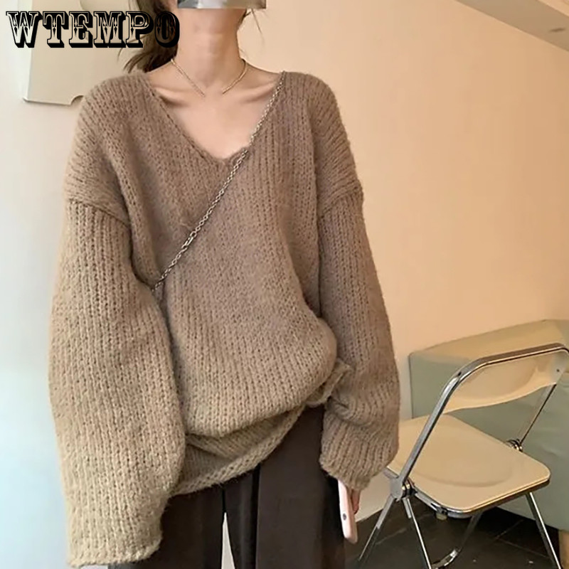 WTEMPO Vintage lahtine valge roosa kampsun naiste kevadsügis Korea pikkade varrukatega V-kaelusega kootud pulloverid, uus soliidne vabaaja kudum