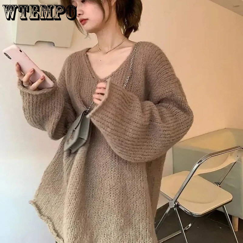 WTEMPO Vintage lahtine valge roosa kampsun naiste kevadsügis Korea pikkade varrukatega V-kaelusega kootud pulloverid, uus soliidne vabaaja kudum
