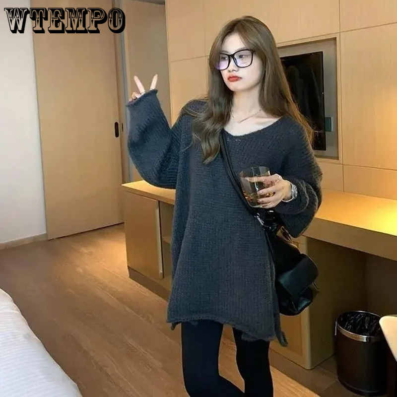 WTEMPO Vintage lahtine valge roosa kampsun naiste kevadsügis Korea pikkade varrukatega V-kaelusega kootud pulloverid, uus soliidne vabaaja kudum