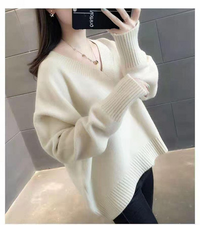 Νέο Χειμερινό Πλεκτό Πουλόβερ με λαιμόκοψη V Γυναικεία Μόδα Ευέλικτο Κασμίρ Φαρδιά Ρούχα Κορεατικά Τεμπέλικα Μασίφ Ρούχα Γυναικεία