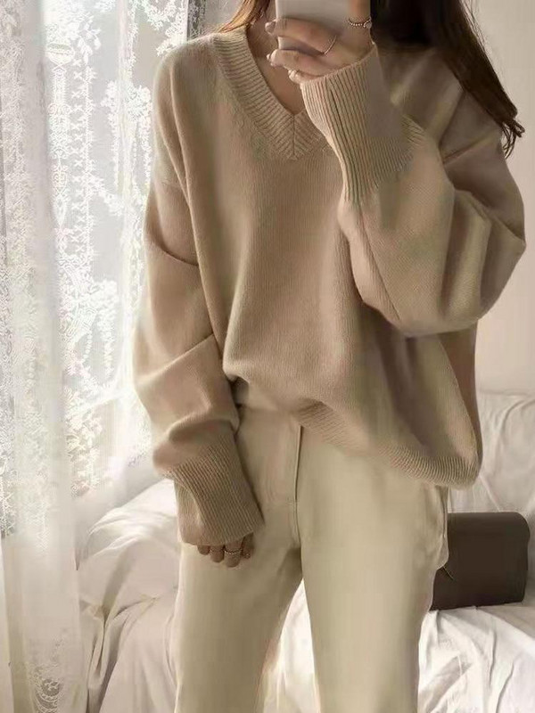 Νέο Χειμερινό Πλεκτό Πουλόβερ με λαιμόκοψη V Γυναικεία Μόδα Ευέλικτο Κασμίρ Φαρδιά Ρούχα Κορεατικά Τεμπέλικα Μασίφ Ρούχα Γυναικεία
