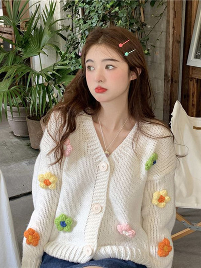 Zoki 3D Floral Γυναικεία Γλυκιά Ζακέτα Μόδα Φθινοπωρινό μαλακό πλεκτό πουλόβερ Κορεατικό V λαιμόκοψη Lady Casual Lazy Wind Loose Cardigan παλτό