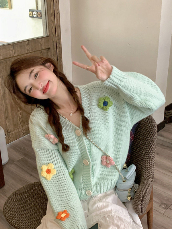 Zoki 3D Floral Γυναικεία Γλυκιά Ζακέτα Μόδα Φθινοπωρινό μαλακό πλεκτό πουλόβερ Κορεατικό V λαιμόκοψη Lady Casual Lazy Wind Loose Cardigan παλτό