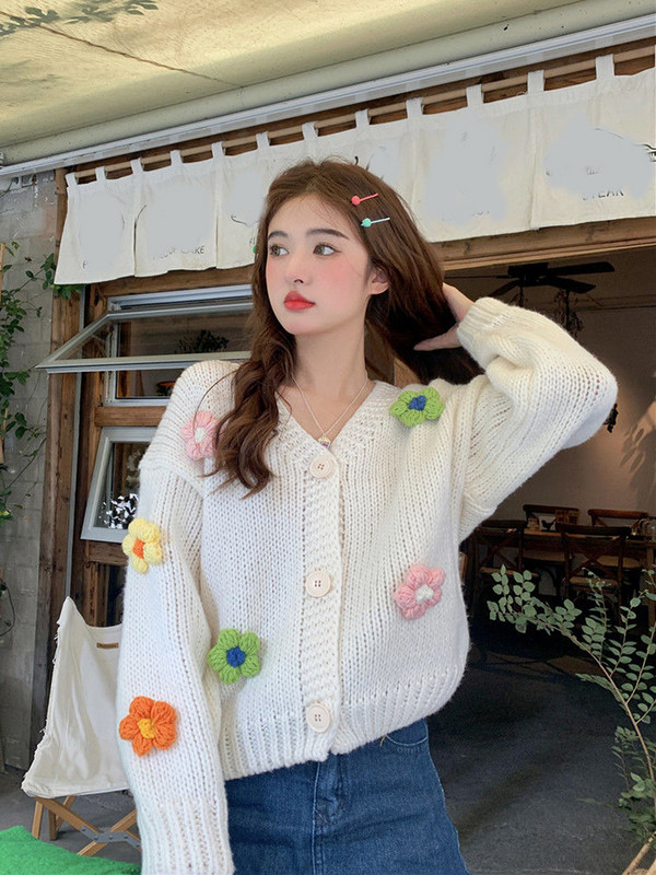 Zoki 3D Floral Γυναικεία Γλυκιά Ζακέτα Μόδα Φθινοπωρινό μαλακό πλεκτό πουλόβερ Κορεατικό V λαιμόκοψη Lady Casual Lazy Wind Loose Cardigan παλτό