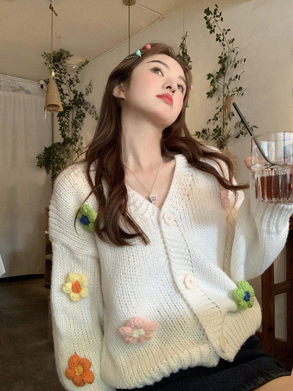 Zoki 3D Floral Γυναικεία Γλυκιά Ζακέτα Μόδα Φθινοπωρινό μαλακό πλεκτό πουλόβερ Κορεατικό V λαιμόκοψη Lady Casual Lazy Wind Loose Cardigan παλτό