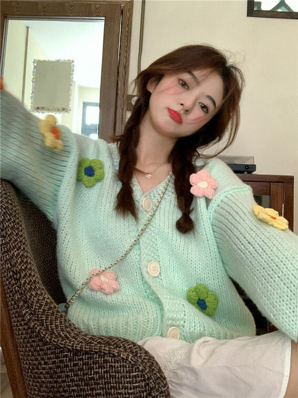 Zoki 3D Floral Γυναικεία Γλυκιά Ζακέτα Μόδα Φθινοπωρινό μαλακό πλεκτό πουλόβερ Κορεατικό V λαιμόκοψη Lady Casual Lazy Wind Loose Cardigan παλτό