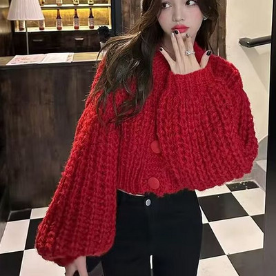 Φθινοπωρινό Vintage Φανάρι μανίκι Χοντρό πλεκτό με λαιμόκοψη σε V Γυναικεία ζακέτα Casual Loose Crop Tops Μόδα Γυναικεία πουλόβερ