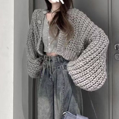 Φθινοπωρινό Vintage Φανάρι μανίκι Χοντρό πλεκτό με λαιμόκοψη σε V Γυναικεία ζακέτα Casual Loose Crop Tops Μόδα Γυναικεία πουλόβερ