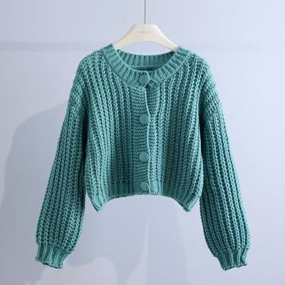Φθινοπωρινό Vintage Φανάρι μανίκι Χοντρό πλεκτό με λαιμόκοψη σε V Γυναικεία ζακέτα Casual Loose Crop Tops Μόδα Γυναικεία πουλόβερ