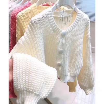 Φθινοπωρινό Vintage Φανάρι μανίκι Χοντρό πλεκτό με λαιμόκοψη σε V Γυναικεία ζακέτα Casual Loose Crop Tops Μόδα Γυναικεία πουλόβερ