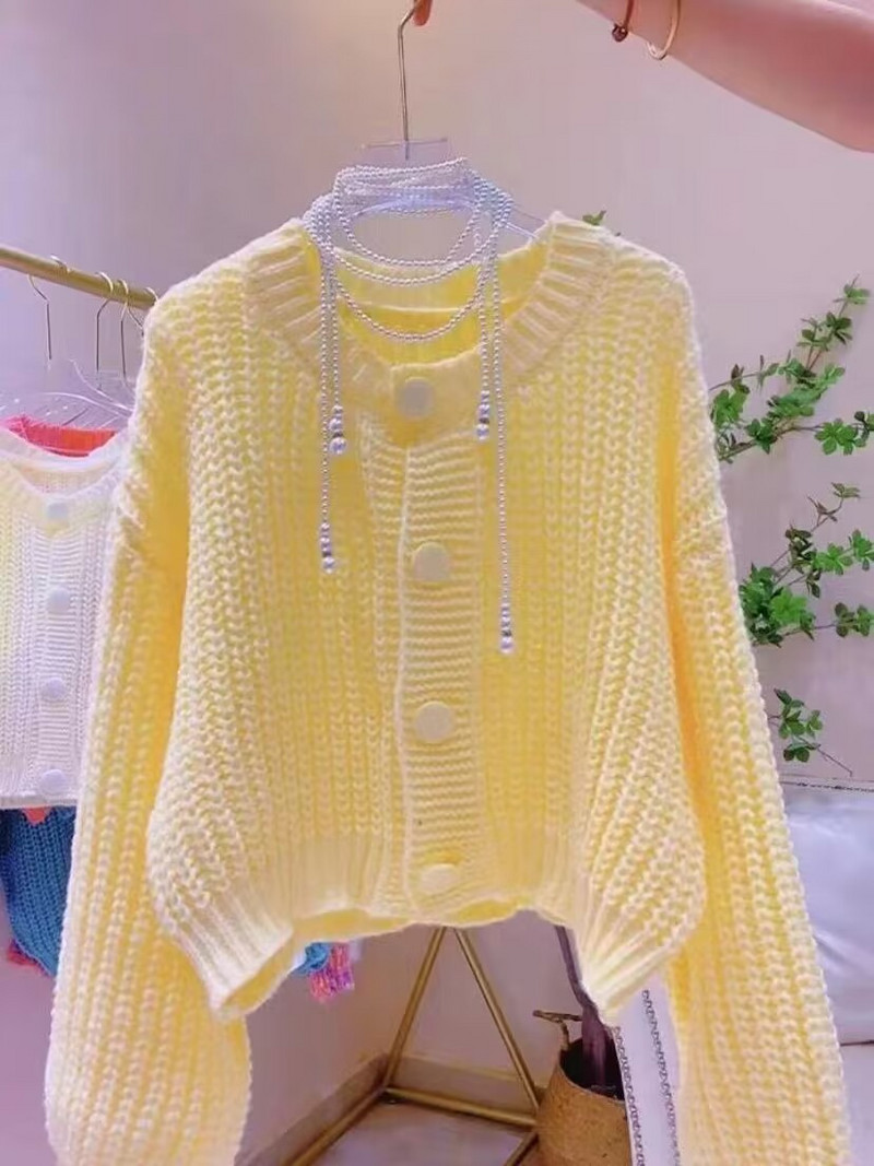 Φθινοπωρινό Vintage Φανάρι μανίκι Χοντρό πλεκτό με λαιμόκοψη σε V Γυναικεία ζακέτα Casual Loose Crop Tops Μόδα Γυναικεία πουλόβερ