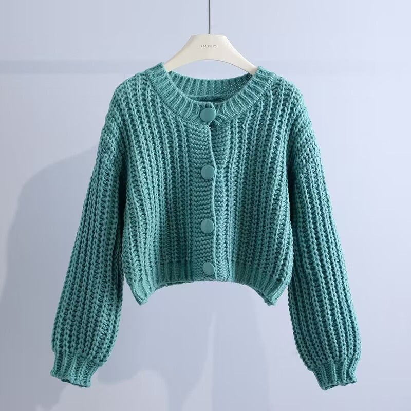 Φθινοπωρινό Vintage Φανάρι μανίκι Χοντρό πλεκτό με λαιμόκοψη σε V Γυναικεία ζακέτα Casual Loose Crop Tops Μόδα Γυναικεία πουλόβερ