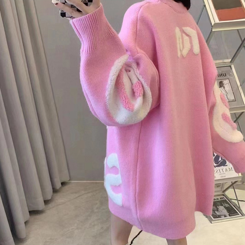 Kawaii korea stiilis naeratusprinteriga kampsun Naiste kašmiirroosa sügistalvise pikkade varrukatega silmkoelised topid Suuremõõtmelised kampsunid, pulloverid