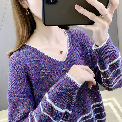 2023 Ανοιξιάτικη και Φθινοπωρινή Μόδα Commuter Απλό Jacquard με λαιμόκοψη σε σχήμα V Πλεκτό κάτω πουκάμισο με φαρδύ υπερμεγέθη κάτω μέρος για ρούχα