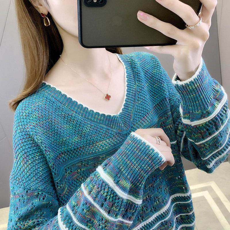 2023 Ανοιξιάτικη και Φθινοπωρινή Μόδα Commuter Απλό Jacquard με λαιμόκοψη σε σχήμα V Πλεκτό κάτω πουκάμισο με φαρδύ υπερμεγέθη κάτω μέρος για ρούχα