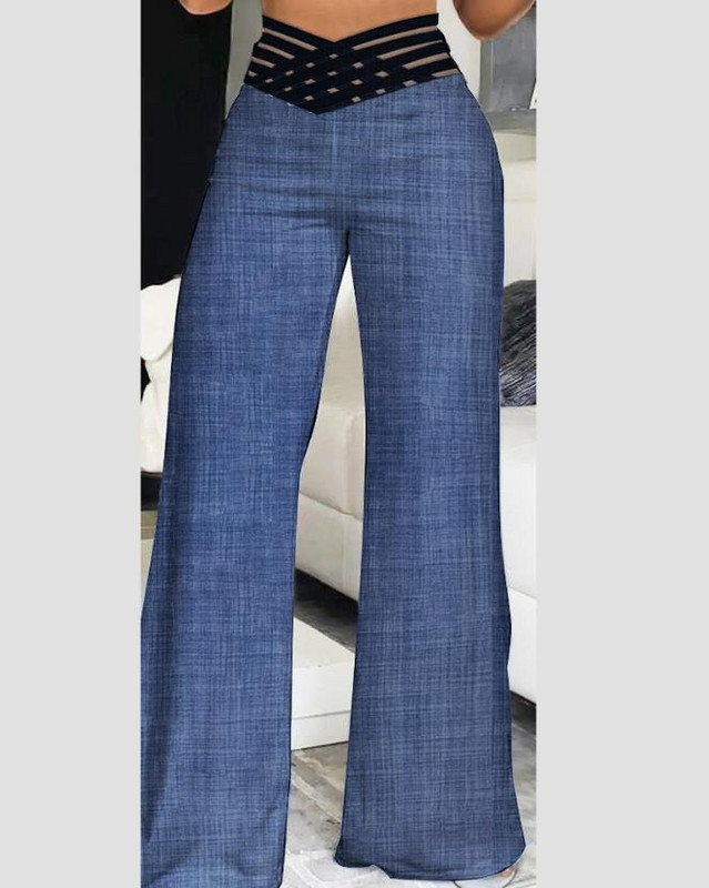 Naiste püksid, 2023. aasta suvemood, kattuv vöökoht, läbipaistev võrk, vabaaja tavaline kõrge vöökohaga, lai jalg, pikad laienevad püksid tänavarõivad