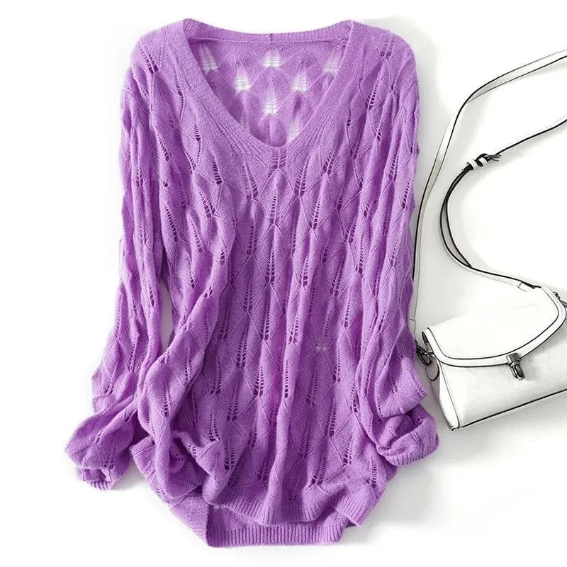 Naiste suvine seksikas õõnes õhuke kootud kampsun, mood ühevärviline V-kaelus, pikkade varrukatega heegeldatud pullover, trikotaaž Topid G2872