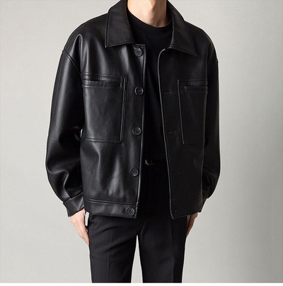 Ανδρικό δερμάτινο μπουφάν μοτοσικλέτας Korea με ρετρό τσέπη μαύρο καφέ φερμουάρ Λεπτή εφαρμογή Ανδρικό παλτό PU για άνοιξη και φθινόπωρο M-2Xl