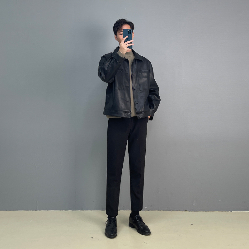 Ανδρικό δερμάτινο μπουφάν μοτοσικλέτας Korea με ρετρό τσέπη μαύρο καφέ φερμουάρ Λεπτή εφαρμογή Ανδρικό παλτό PU για άνοιξη και φθινόπωρο M-2Xl