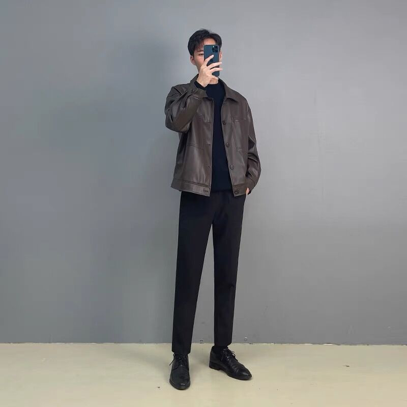 Ανδρικό δερμάτινο μπουφάν μοτοσικλέτας Korea με ρετρό τσέπη μαύρο καφέ φερμουάρ Λεπτή εφαρμογή Ανδρικό παλτό PU για άνοιξη και φθινόπωρο M-2Xl