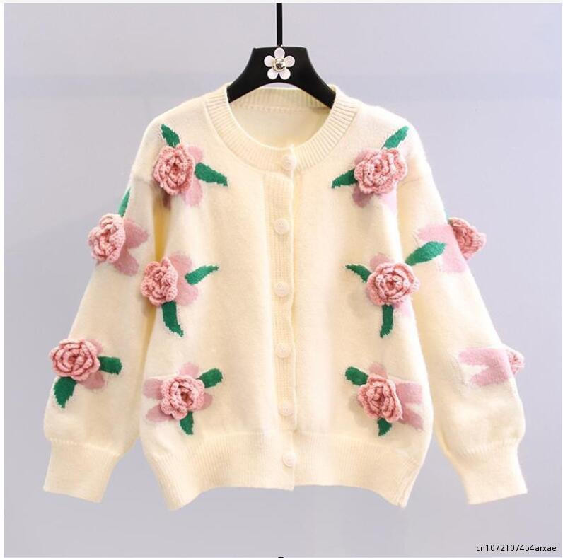 3D lilltikandiga kampsun naiste kevad ja sügis uued lahtised vintage käsitsi valmistatud heegeldatud kootud kampsun jakid