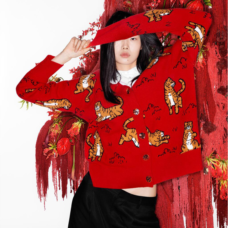 2022. aasta uusim naiste Red Tiger kootud kardigan V-kaelusega kampsun Casual Oversized Naiste kootud jakk Moerõivad INKEO 2O008