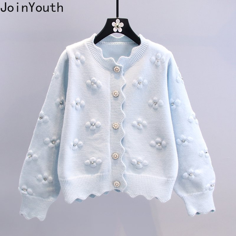 Μόδα ζακέτα για γυναίκες με χάντρες με λουλουδάτα Sueter Mujer Κορεατικά vintage πλέξιμο κομμένα μπουφάν πουλόβερ Pull Femme Sweet Tops