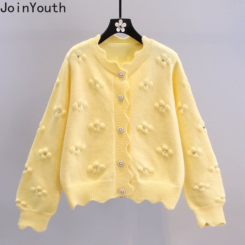 Μόδα ζακέτα για γυναίκες με χάντρες με λουλουδάτα Sueter Mujer Κορεατικά vintage πλέξιμο κομμένα μπουφάν πουλόβερ Pull Femme Sweet Tops