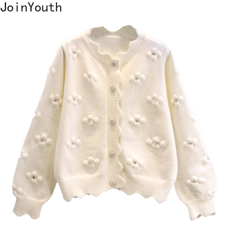 Μόδα ζακέτα για γυναίκες με χάντρες με λουλουδάτα Sueter Mujer Κορεατικά vintage πλέξιμο κομμένα μπουφάν πουλόβερ Pull Femme Sweet Tops