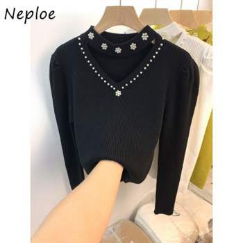 Neploe Джърси Mujer Pull Femme Есен Зима V деколте Халтер Beading Едноцветни джъмпери с дълъг ръкав Плетен пуловер пуловер Y2k