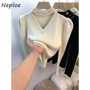 Neploe Джърси Mujer Pull Femme Есен Зима V деколте Халтер Beading Едноцветни джъмпери с дълъг ръкав Плетен пуловер пуловер Y2k